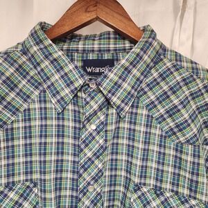 Wrangler Wrancher Shirt Mens Size 3X Pearl Snap Plaid Blue Green Cotton  Vintage